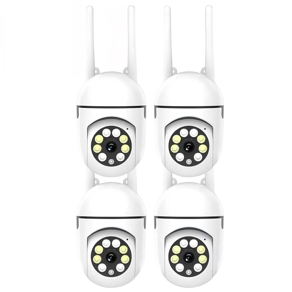 Four white security cameras are arranged in a two-by-two grid against a white background.