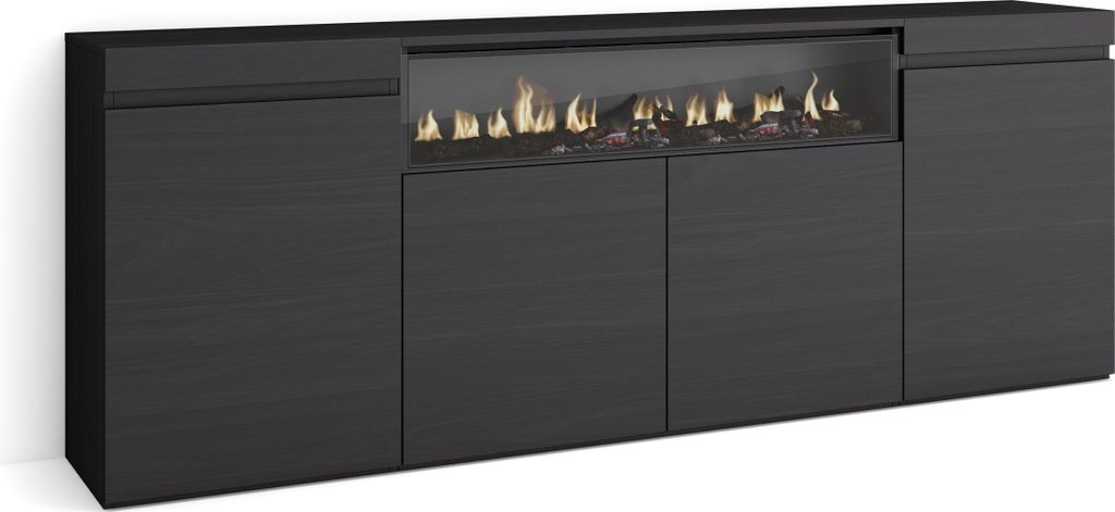 A modern black sideboard with a built-in electric fireplace.
