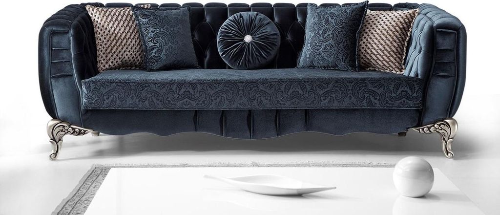 Casa Padrino Luxus Barock Sofa Blau / Silber 235 x 103 x H. 82 cm - Barockstil Wohnzimmer Sofa mit dekorativen Kissen - Barock Wohnzimmer Möbel