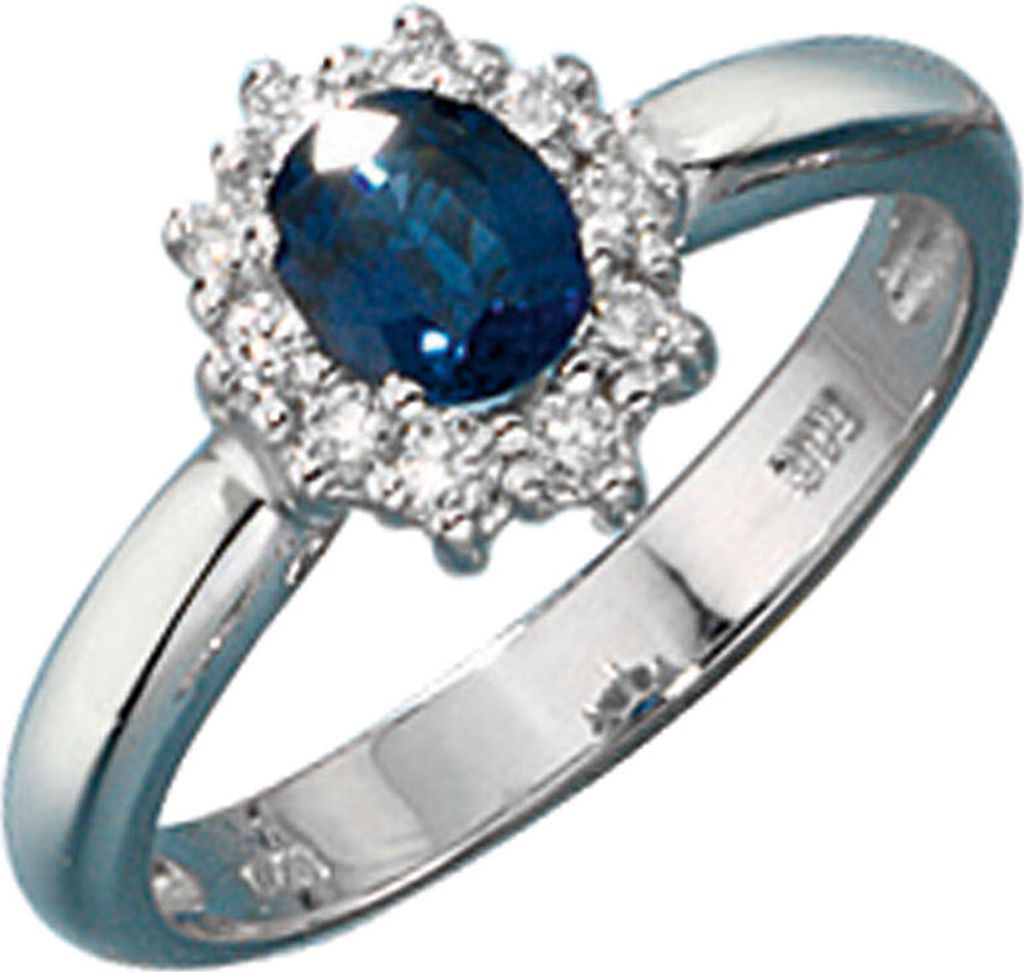 JOBO Damen Ring 585 Gold Weißgold 10 Diamanten Brillanten 0,20ct. 1 blauer Safir Größe 56