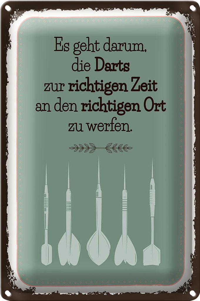 Blechschild Spruch Darts zur richtigen Zeit werfen 18x12cm