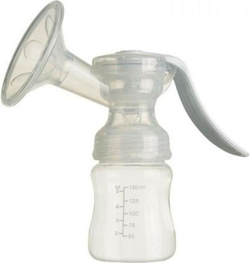 A transparent manual breast pump with a bottle attached, shown against a white background.