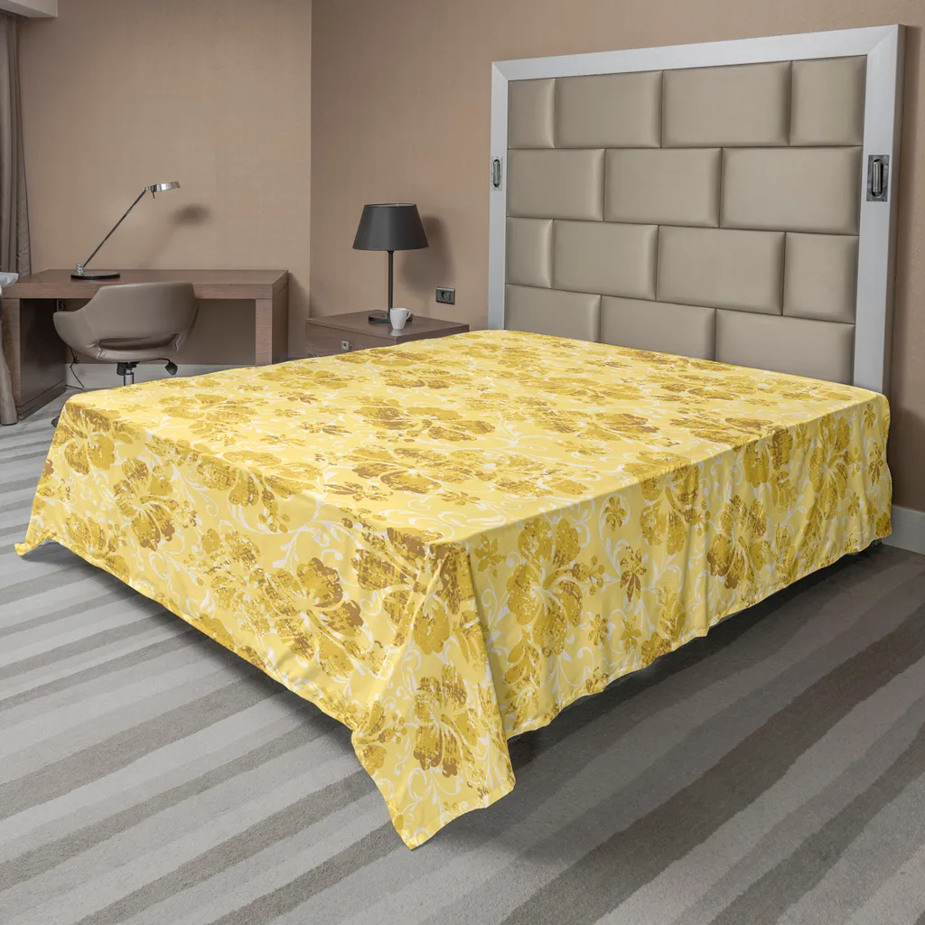 Drap plat décoratif thème tropical jaune et blanc en tissu soyeux