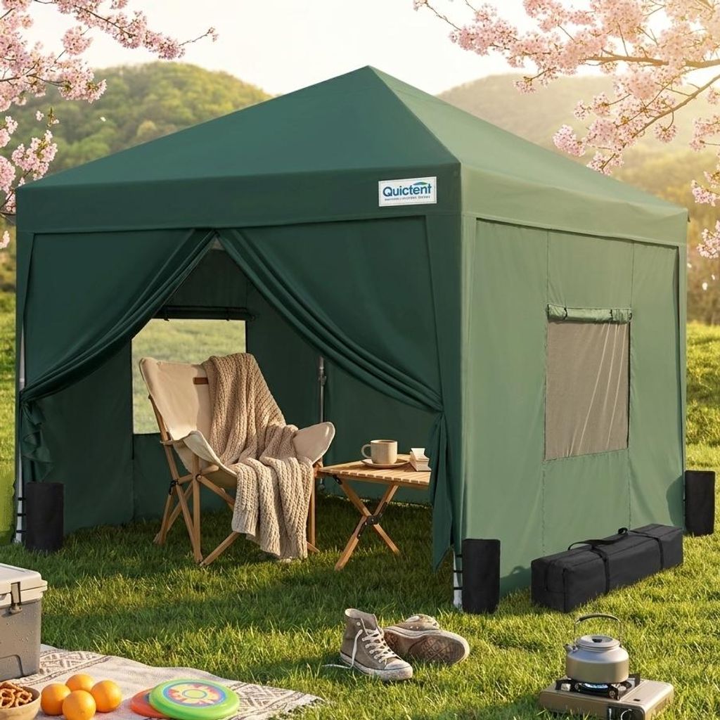 Quictent Pavillon 3x3 mit 4 Seitenteilen, Faltpavillon mit Entlüftung Wasserdicht Stabil Winterfest, Pop up Gartenpavillon mit Rollentasche ,Grün