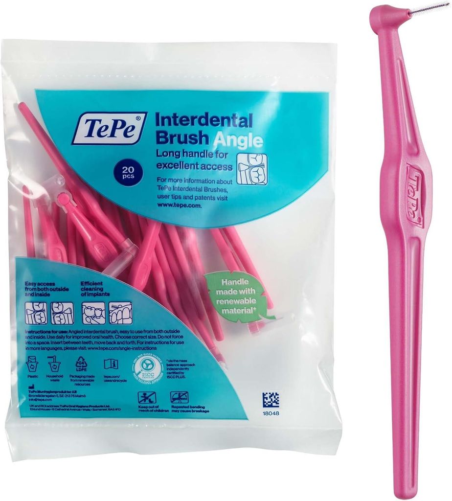 20-Pack TePe Interdentalbürste Angle Pink, ISO-Größe 0, 0,4mm, Zahnzwischenräume