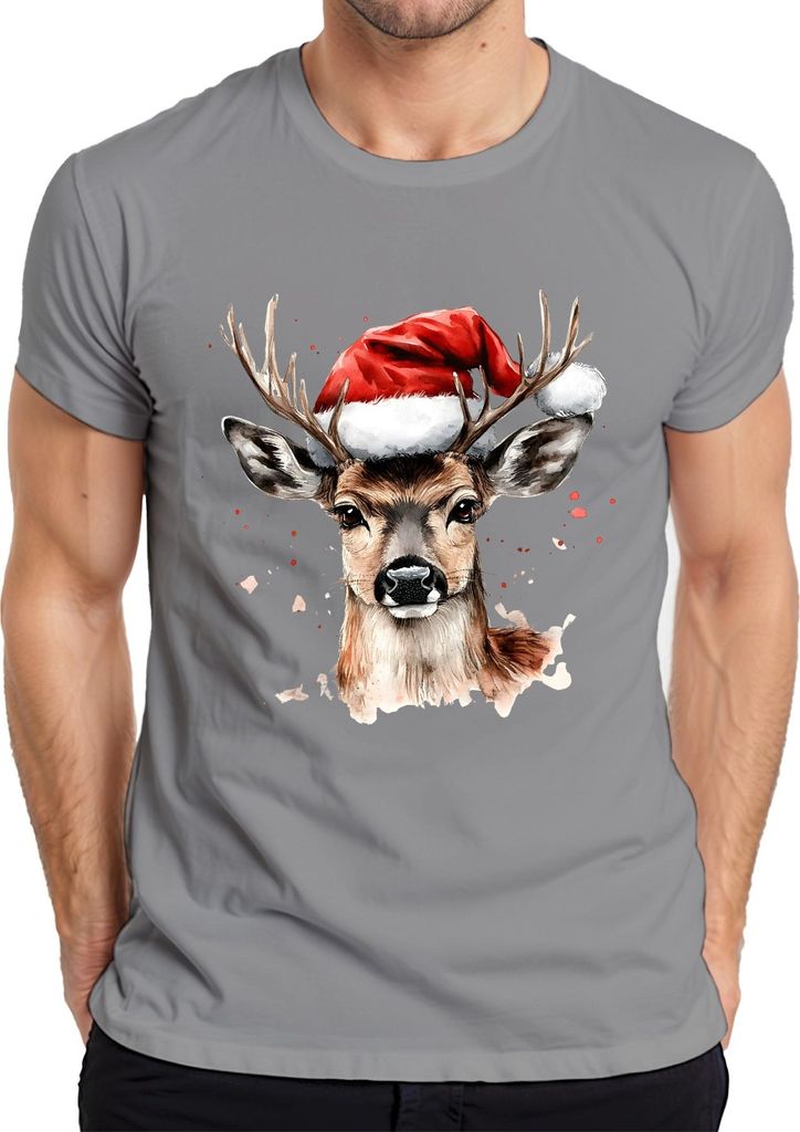 Rentier Nikolaushut Aquarell Weihnachten Geschenk Lustig Vintage Herren T-Shirt, Grau, L