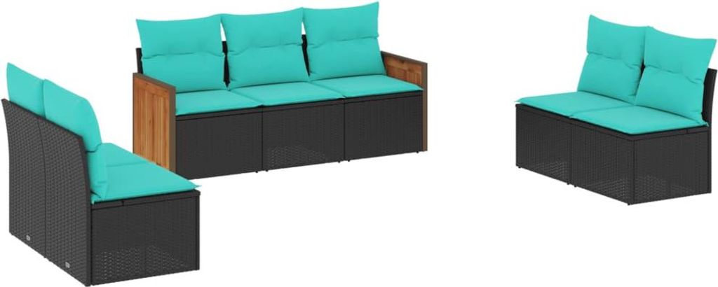 7-teiliges Gartensofa-Set mit Kissen, schwarzes Polyrattan