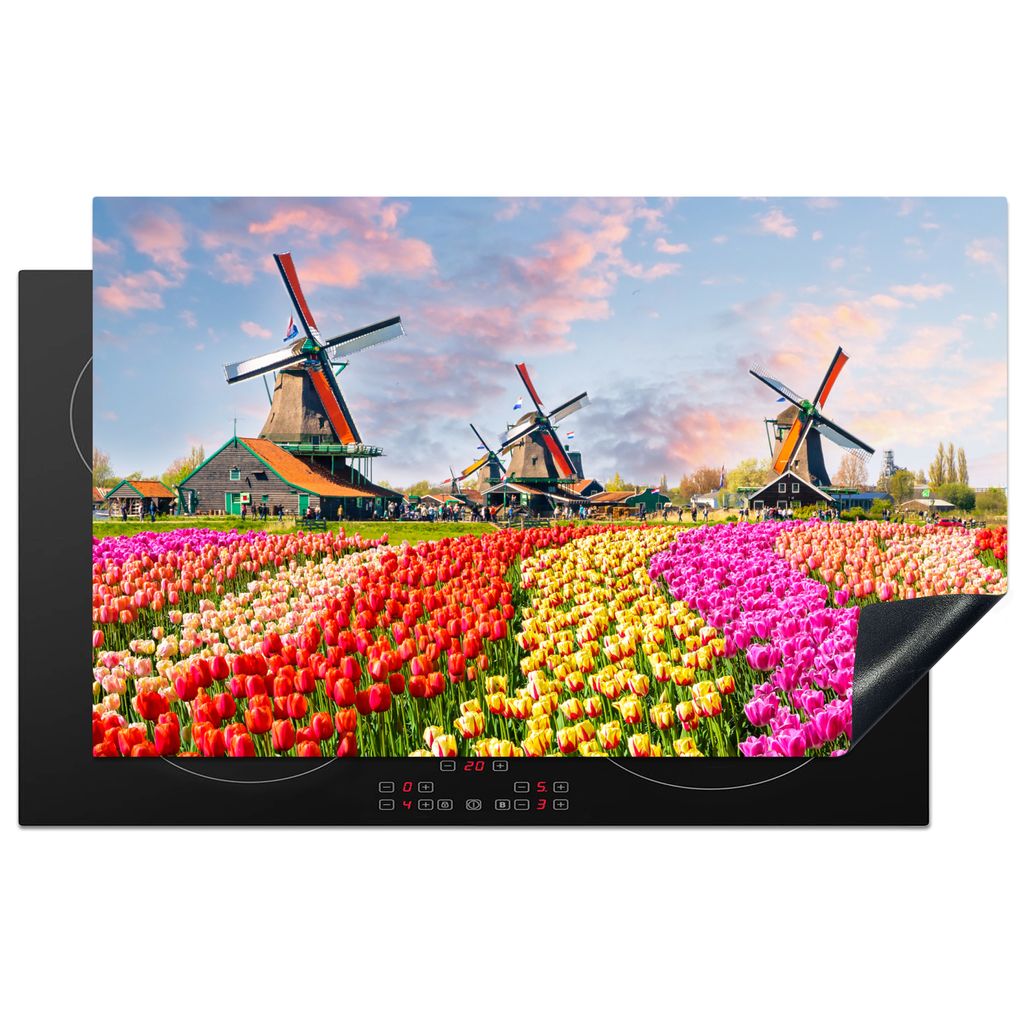 KitchenYeah Herdabdeckplatte Mühle - Tulpen - Blumen - Regenbogen - Niederländisch , 83x51cm, Küche Deko, Glaskeramikkochfeld Herdabdeckung, A...