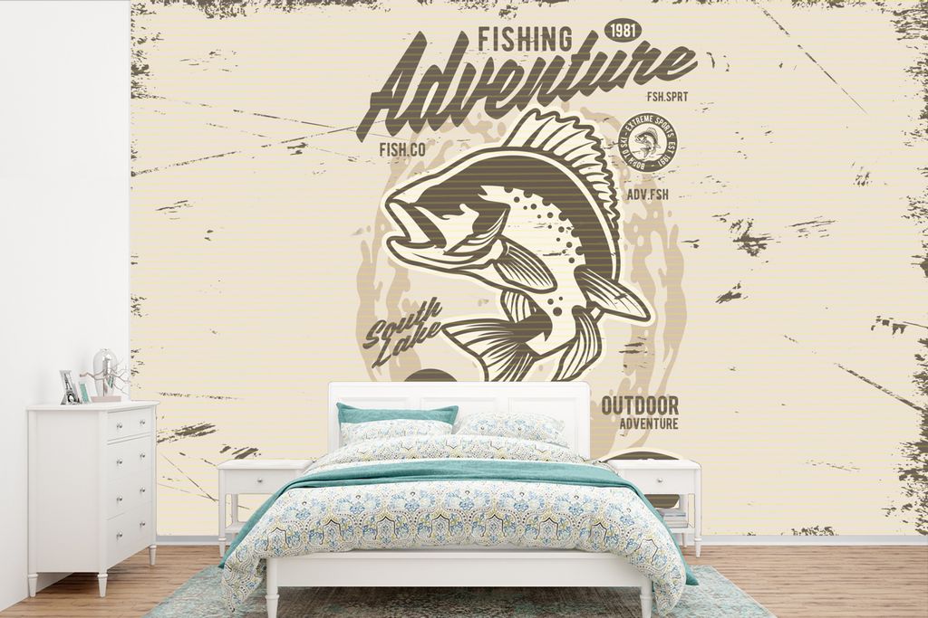 MuchoWow Fototapete für Wohnzimmer oder Schlafzimmer Wandtapete Vinyl Motivtapete Fisch - Briefe - Vintage - Zeichnung - 450x300 cm - Gemusterte