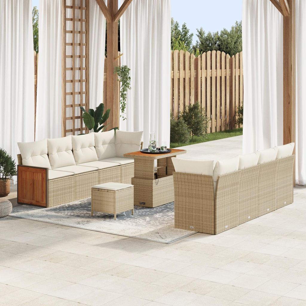 Möbel 11-teiliges Garten-Sofa-Set mit Kissen beige Poly-Rattan Akazie - Gartensofas 3363281