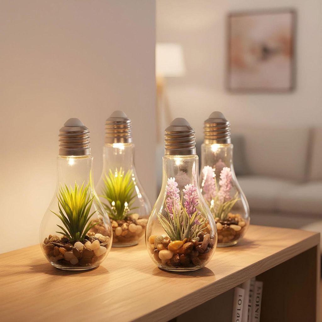4er Set Sukkulenten Glühbirne Glas je B x H 8 x 19cm Deko LED Lampe Kunstpflanze