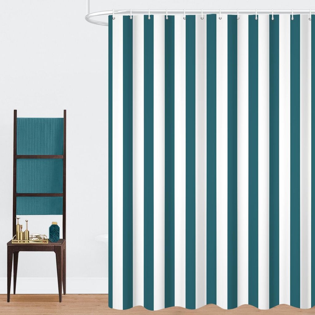 Duschvorhang, 180 x 200 cm, türkis und weiß. Moderner Minimalismus. Vertikale Streifen. Wasserabweisendes Material. Maschinenwaschbarer Badezimme...