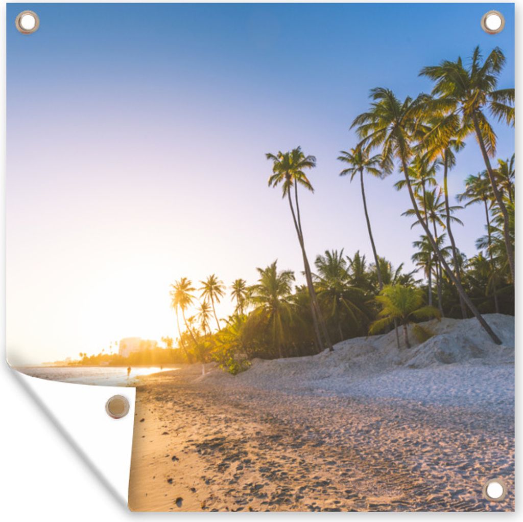 MuchoWow 100x100 cm Outdoor-Poster Gartendeko Sichtschutz Garten Poster für den Garten Strand - Palme - Sand