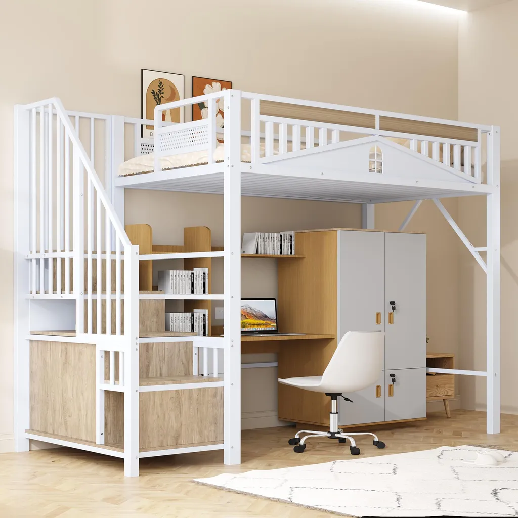 Lit mezzanine blanc 90 x 200 cm avec échelle à casiers et fenêtre de sûreté