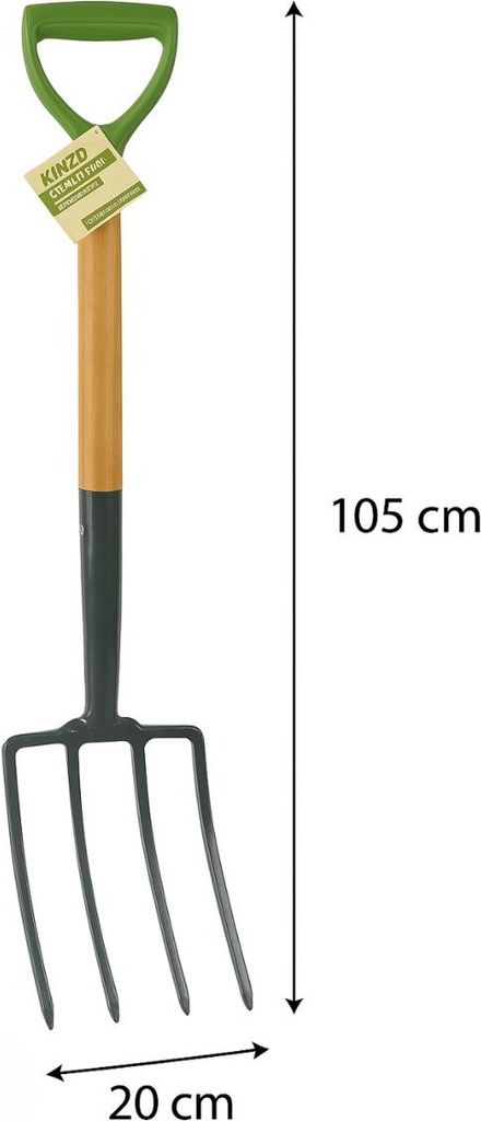 Kinzo Heugabel mit 4 Zinken – Gartengerät mit Holzstiel – Dunggabel für Gemüsebeet und Kompost – Stabile Grabegabel zum Umgraben, Belüfte...