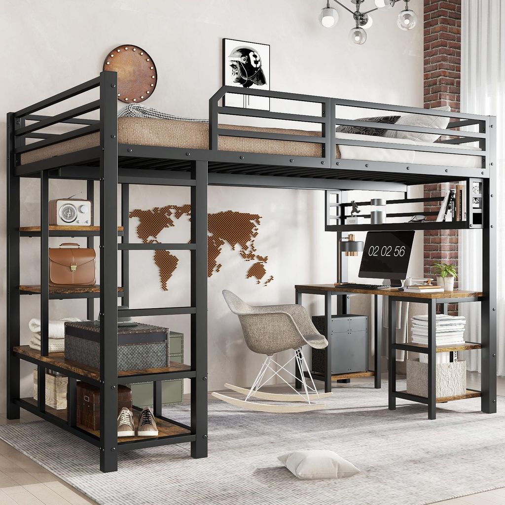 A loft bed with a desk and shelves in a room setting.