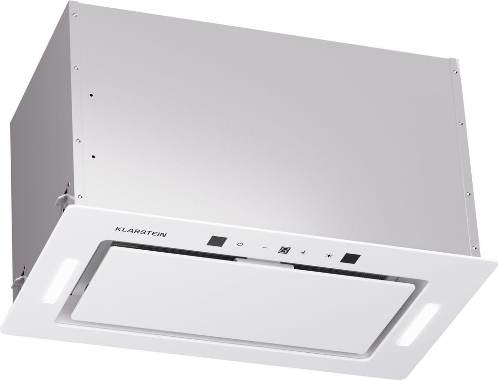 A white under-cabinet range hood is shown against a white background.