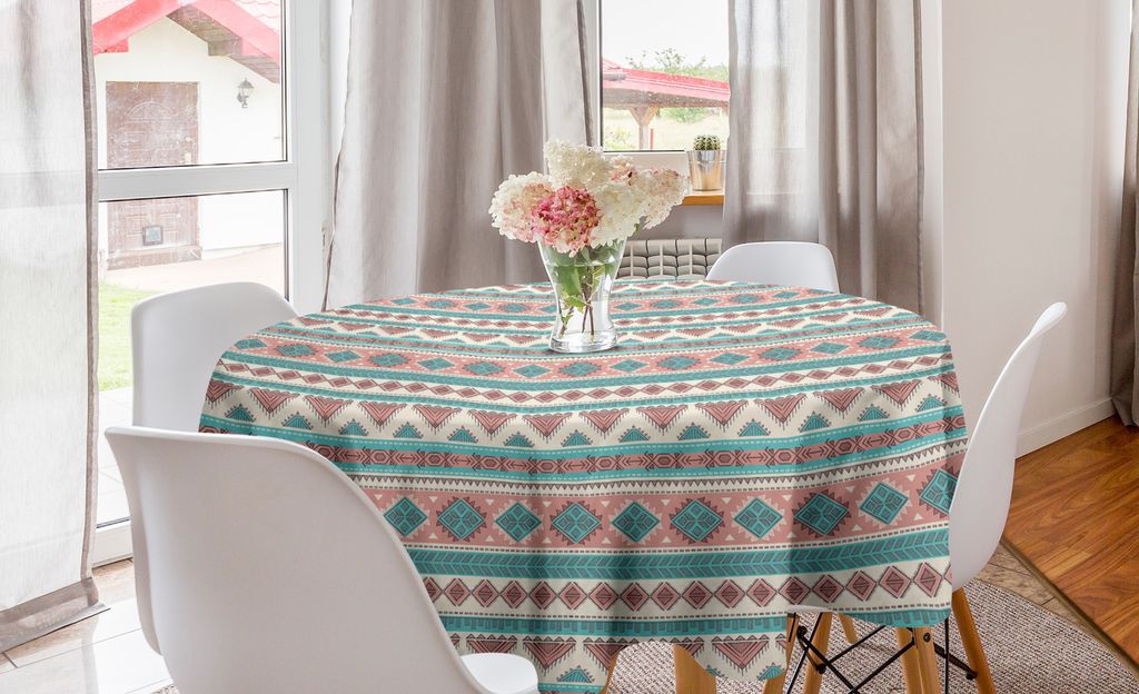 ABAKUHAUS Stammes Runde Tischdecke, Aztec Art Style, Kreis Tischdecke Abdeckung für Esszimmer Küche Dekoration, 150 cm, Creme Aqua-und Pfirsich