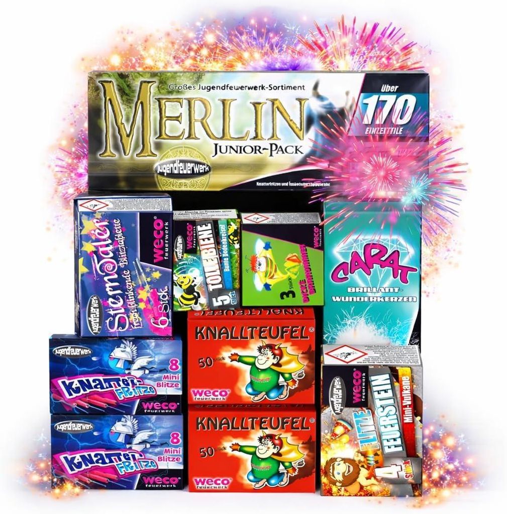 Silvester-Set 2026 – inklusive Wunderkerzen, Knallerbsen und Partyartikeln - Set mit 170 Teilen (Merlin)