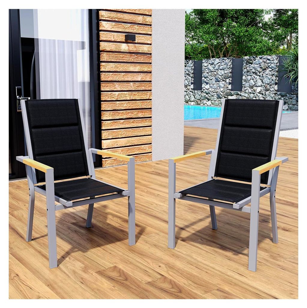 Gartenstuhl aus wetterfestem Material mit Holzoptik Armlehnen, Aluminium Outdoor Garten Stapelstühle mit Baumwollsitz für Balkon, Terrasse, Garte...