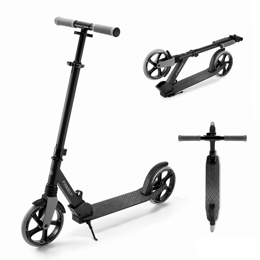 A black and gray foldable scooter is shown from multiple angles against a white background.