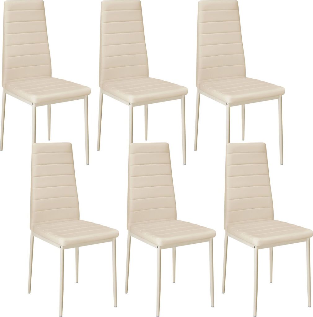 A set of six beige dining chairs arranged in two rows of three against a white background.