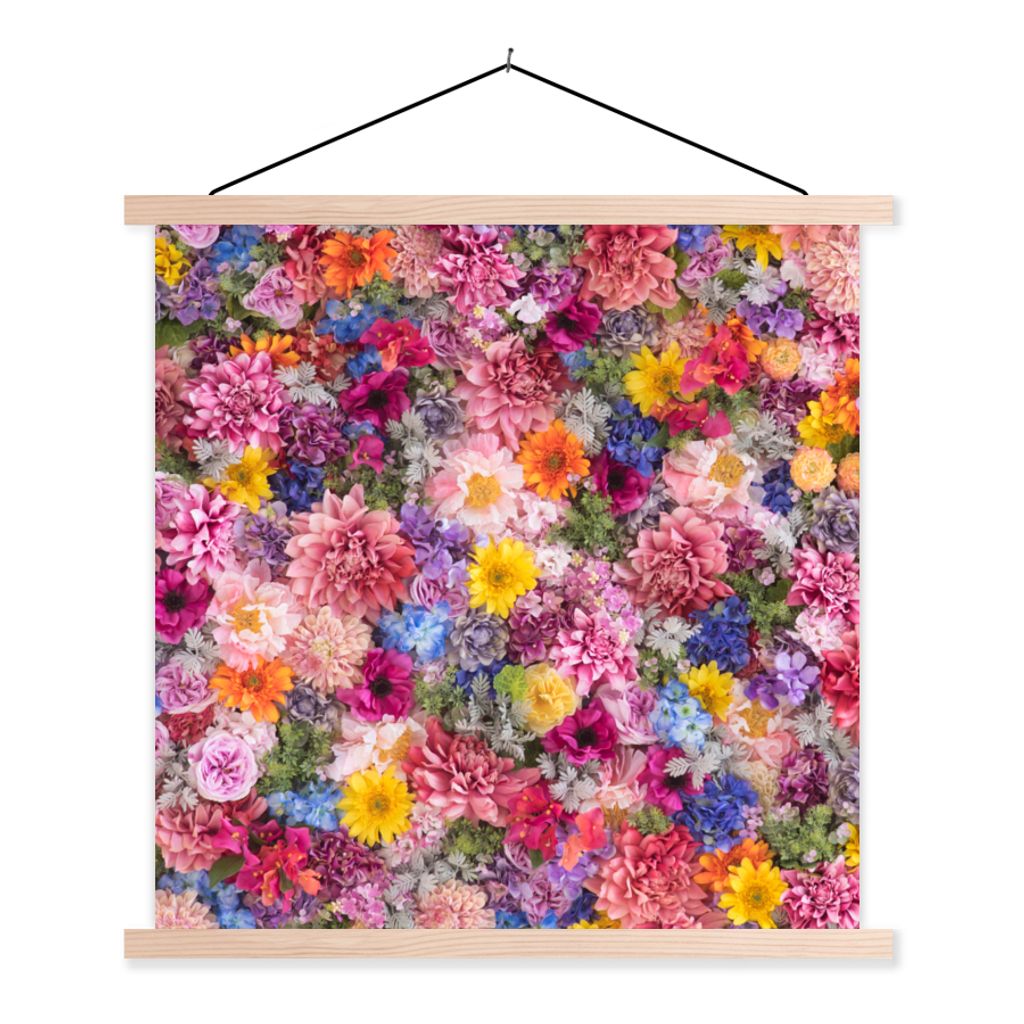 MuchoWow Textilposter Blumen - Farben - Collage 60x60 cm mit holzfarbenen Rahmen - Wanddekoration