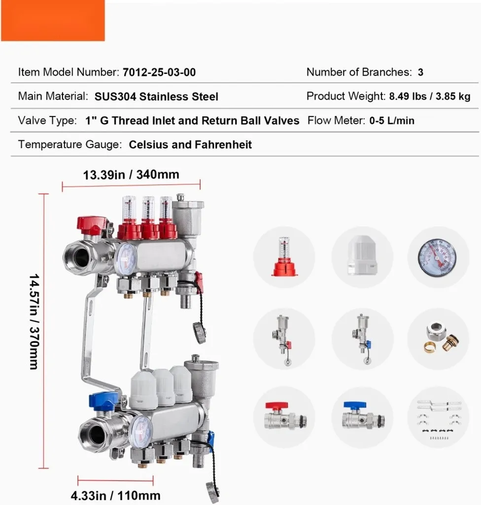 Distributeur chauffage sol 3 circuits - Indicateur débit 5L/min réglable - 7
