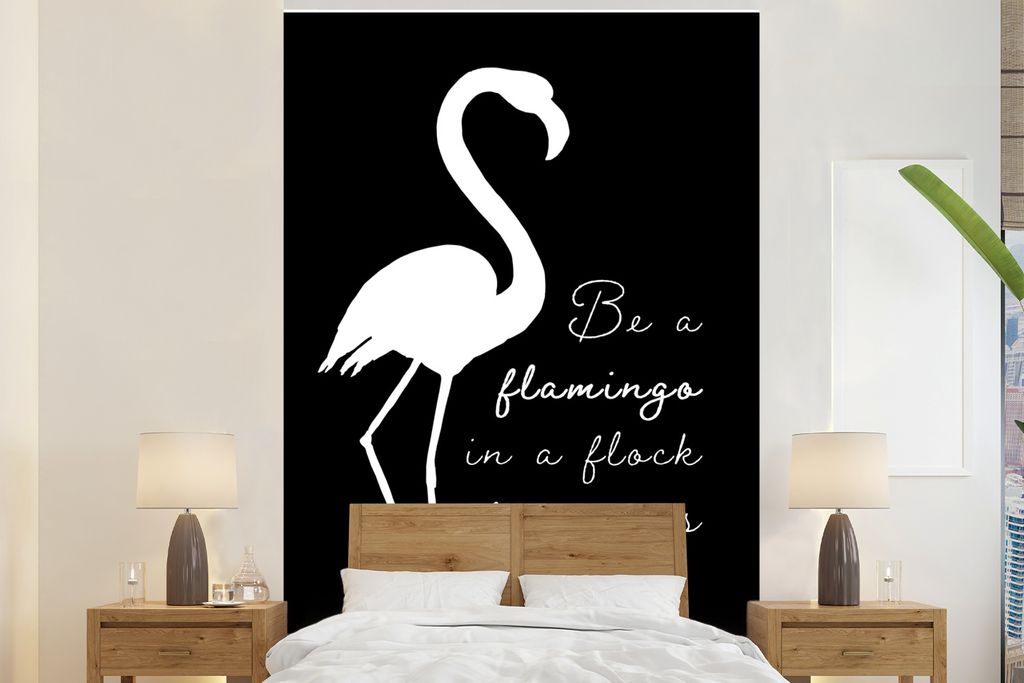 MuchoWow Fototapete für Wohnzimmer oder Schlafzimmer Wandtapete Vinyl Motivtapete Flamingo - Schwarz - Weiß - 225x350 cm - Schlafzimmer tapete