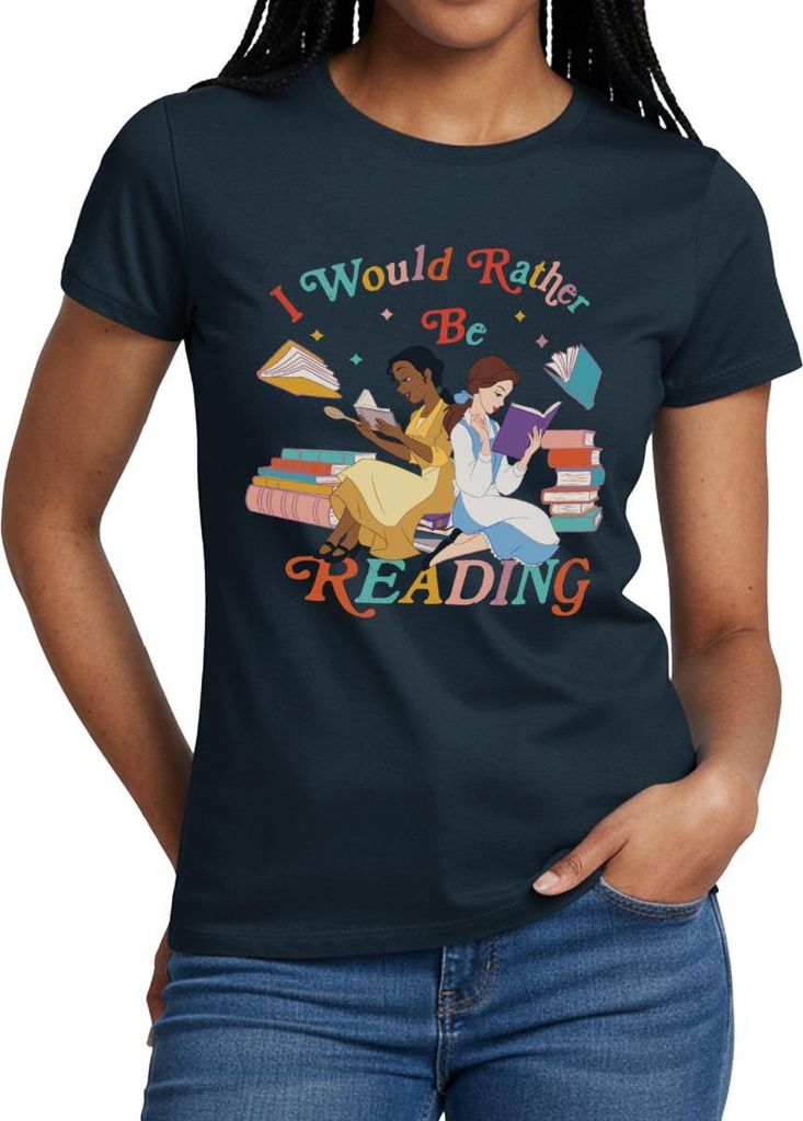 Prinzessin Tiana & Belle I Would Rather Be Reading Frauen T-Shirt, XL, Navy