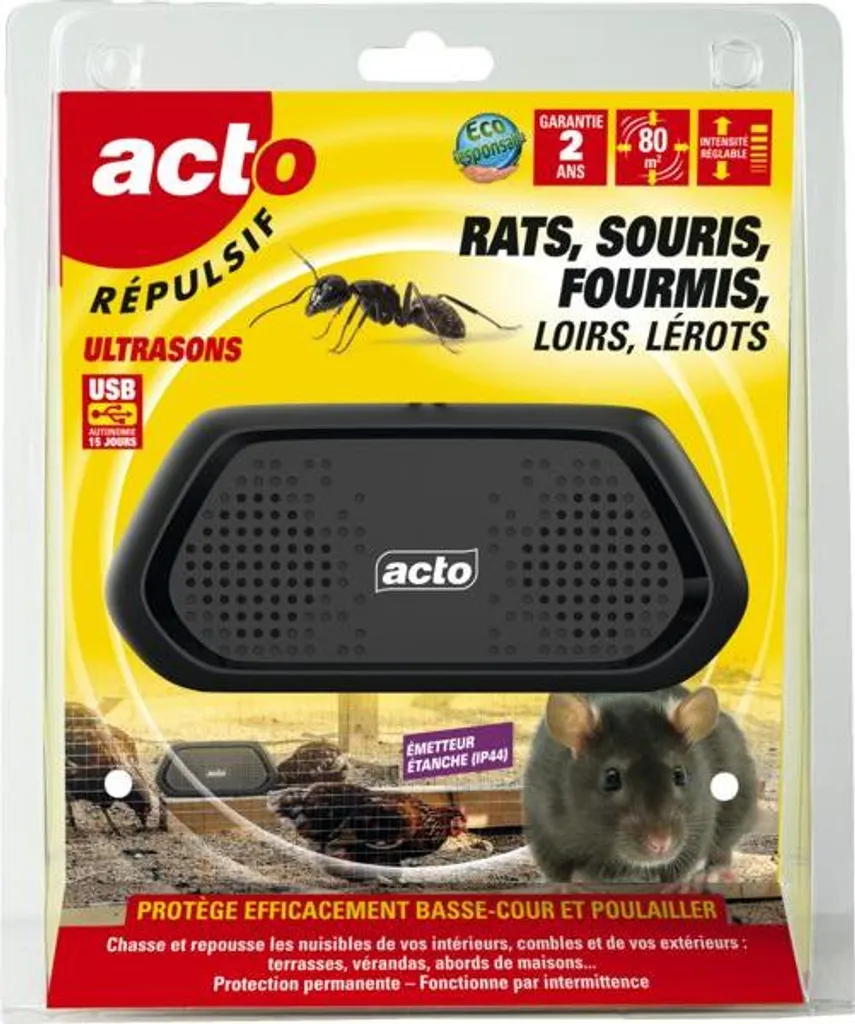 Chasser rats et souris par ultrasons avec ce boîtier étanche IP44 de 80m2