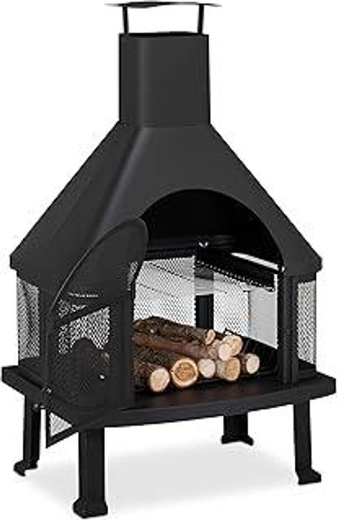 Relaxdays, schwarz Terrassenofen mit Grill, Feuerstelle mit Funkenschutz, Schürhaken, massiv, Stahl, 110 x 63 x 51 cm 10026555