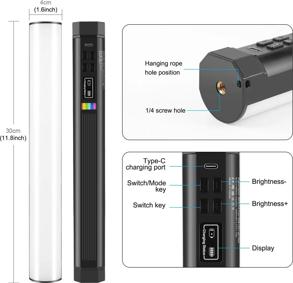 PULUZ PU4139 Barre d'éclairage RVB 30cm 10W Tube LED Magnétique Portable