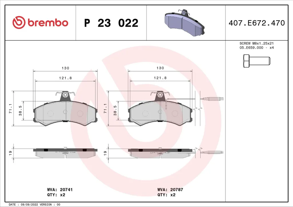 Plaquettes de Frein BREMBO P 23 022 pour Peugeot 806 et Fiat Ducato OE