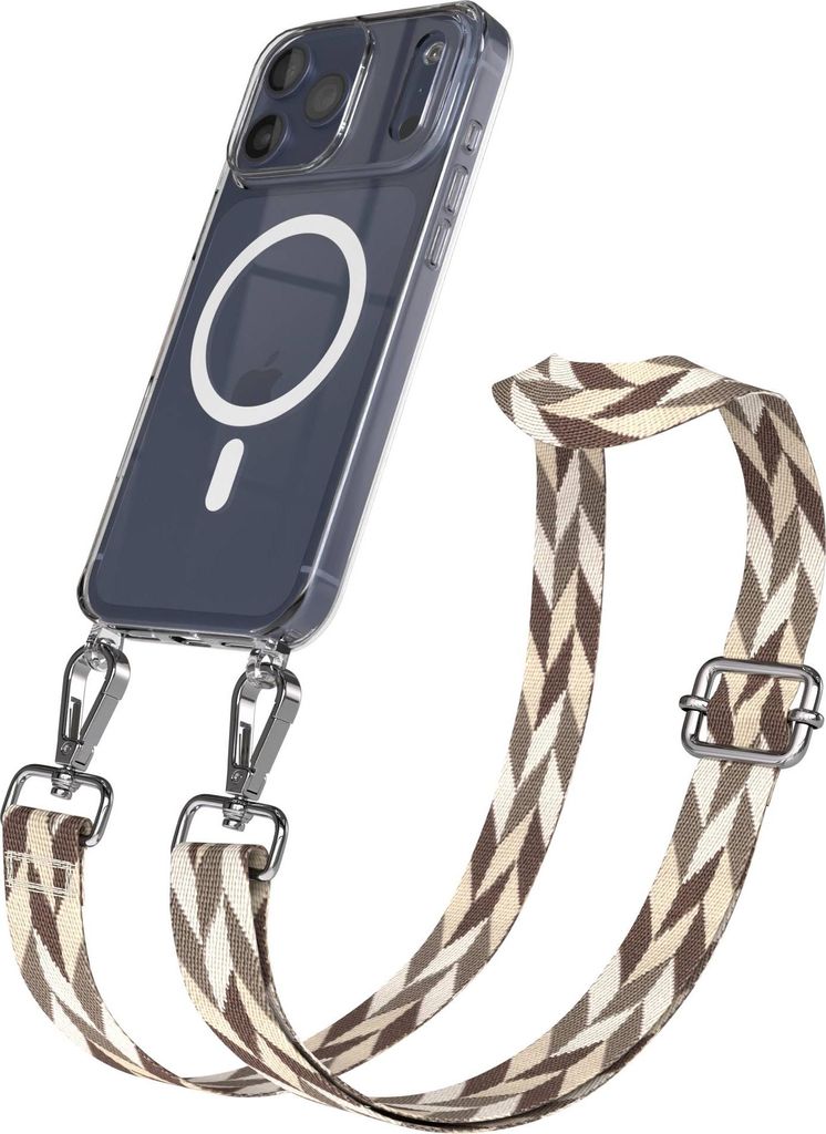 EAZY CASE - Handykette mit MagSafe Hülle für Apple iPhone 17 Pro Max, Handyband Mix Style, Karabiner Silber, Umhängeband in Braun