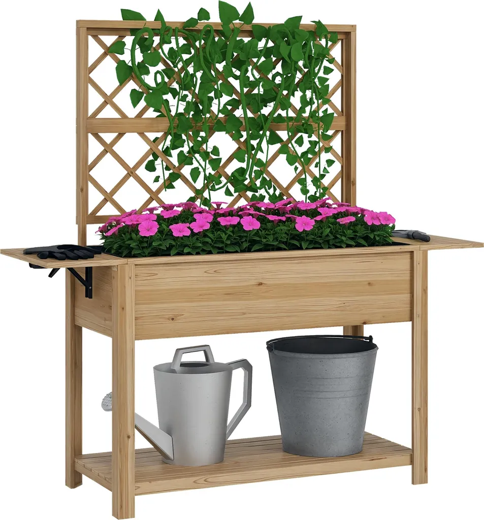 Jardinière sur pieds avec treillis et tablettes en bois pour jardin