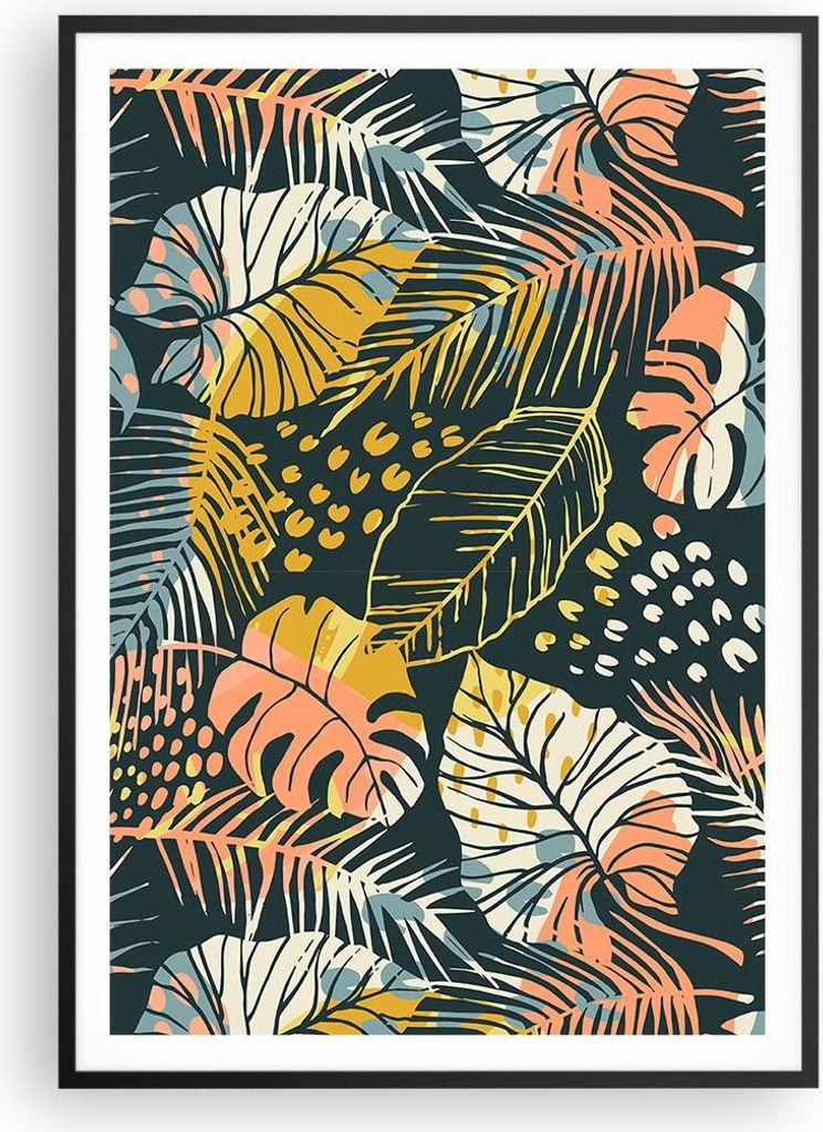 Gerahmtes Poster - Schwarzer Rahmen - Blätter modern bunt - 70x100 cm - Wand Bild - Wanddeko - Wandbilder - Kunstposter - Wandposter - Bilderrahme...