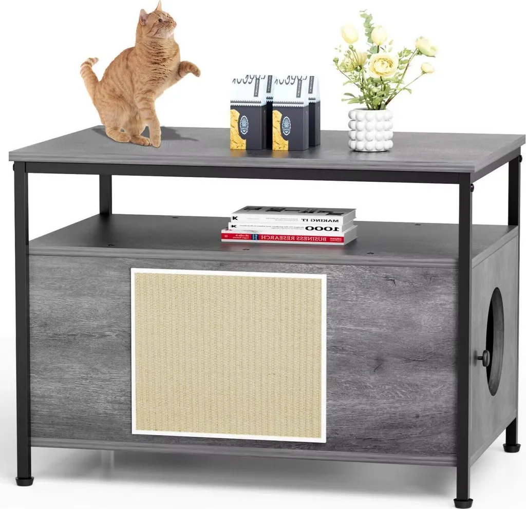 Cache-litière pour chat en bois gris avec espace de rangement haut