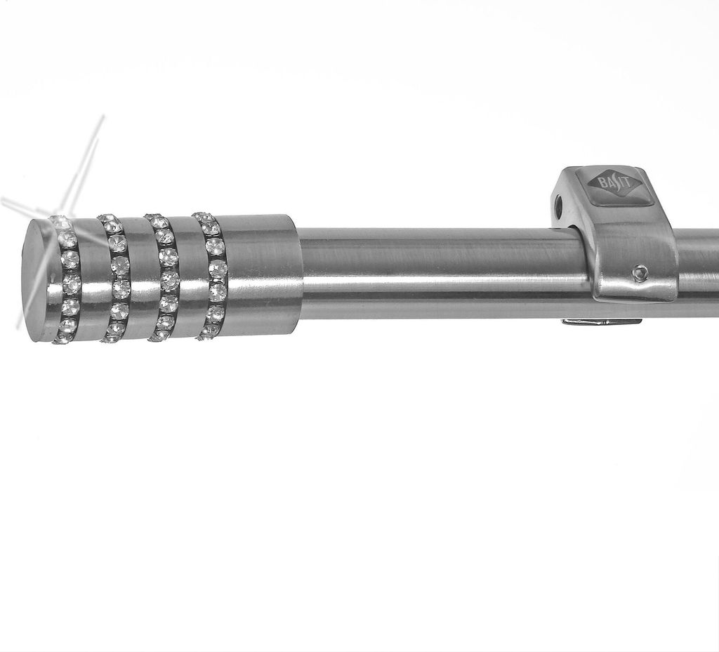 Edelstahl Look Gardinenstange 20mm Wandträger 1-läufig Kristall Zylinder, Länge wählbar D50 E39 R