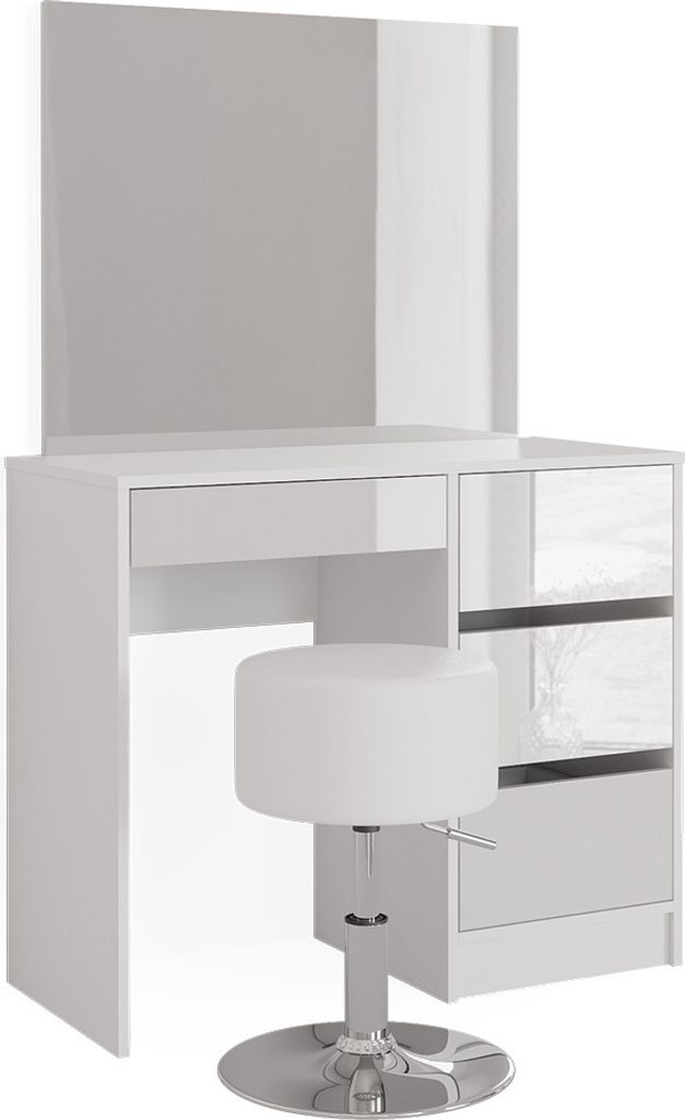A white high-gloss vanity table with a mirror and a white stool.