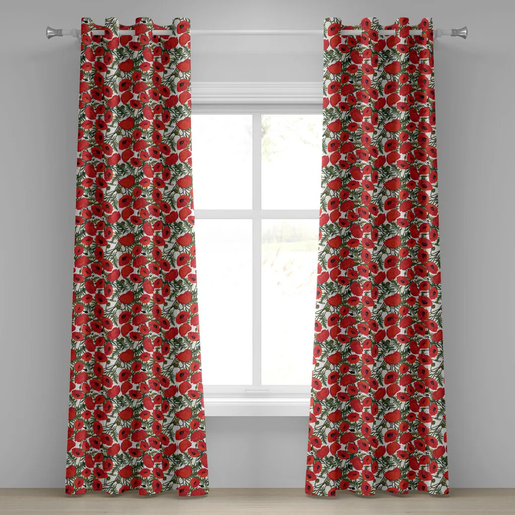 Rideau à Oeillets Motif Floral Abstrait Botanique 2 Panneaux Vert Rouge
