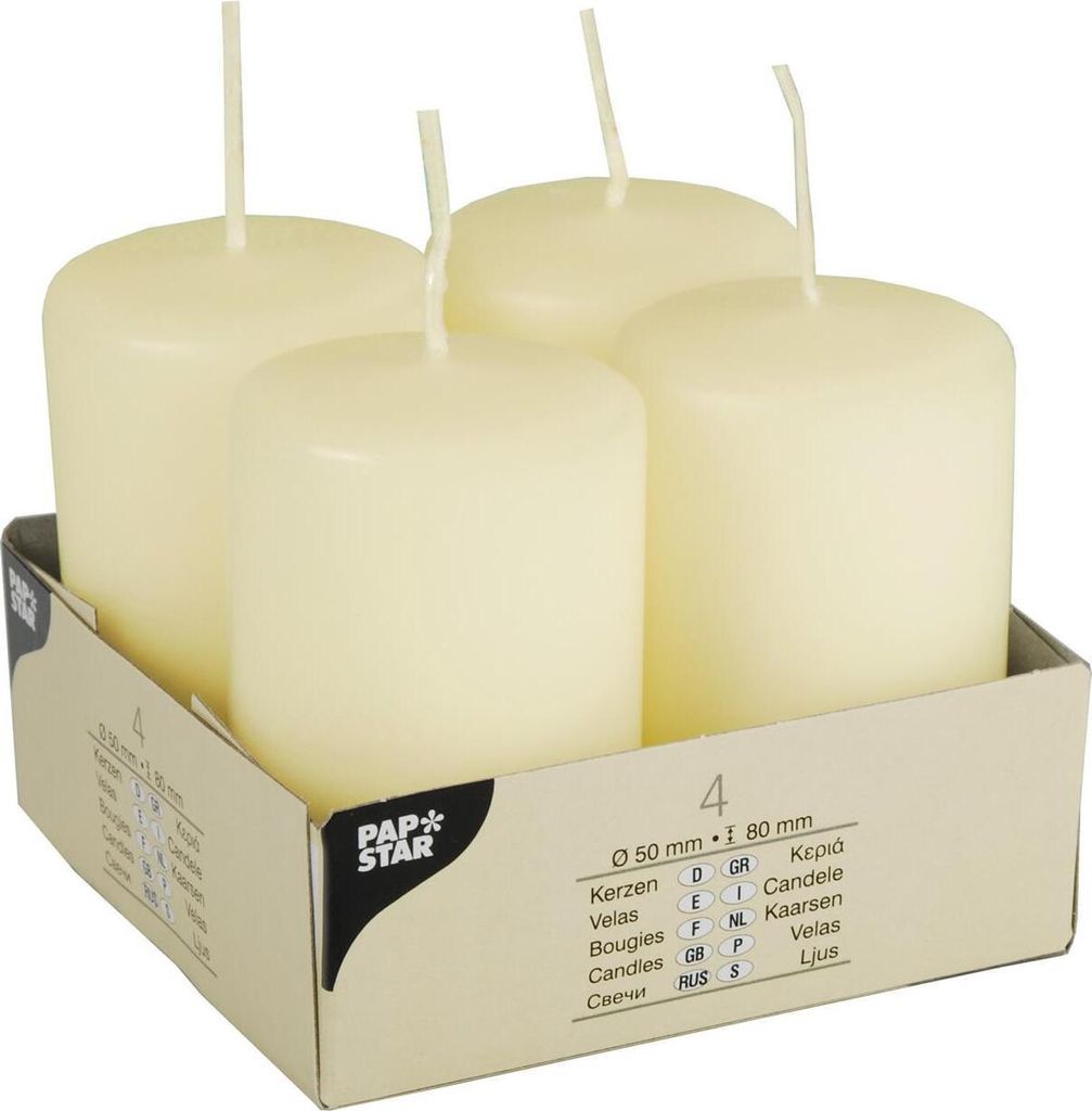Papstar Stumpenkerzen Ivory elfenbein 50x80mm 4 Stück Produktbild 