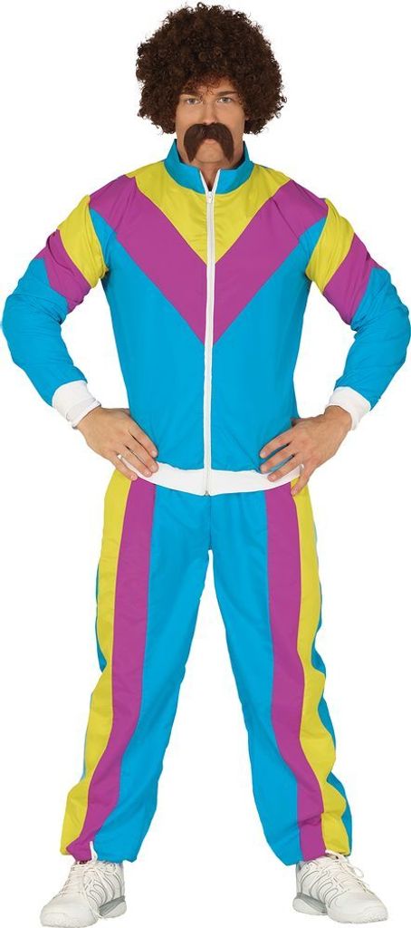 A man wearing a colorful 1980s-style tracksuit and afro wig.