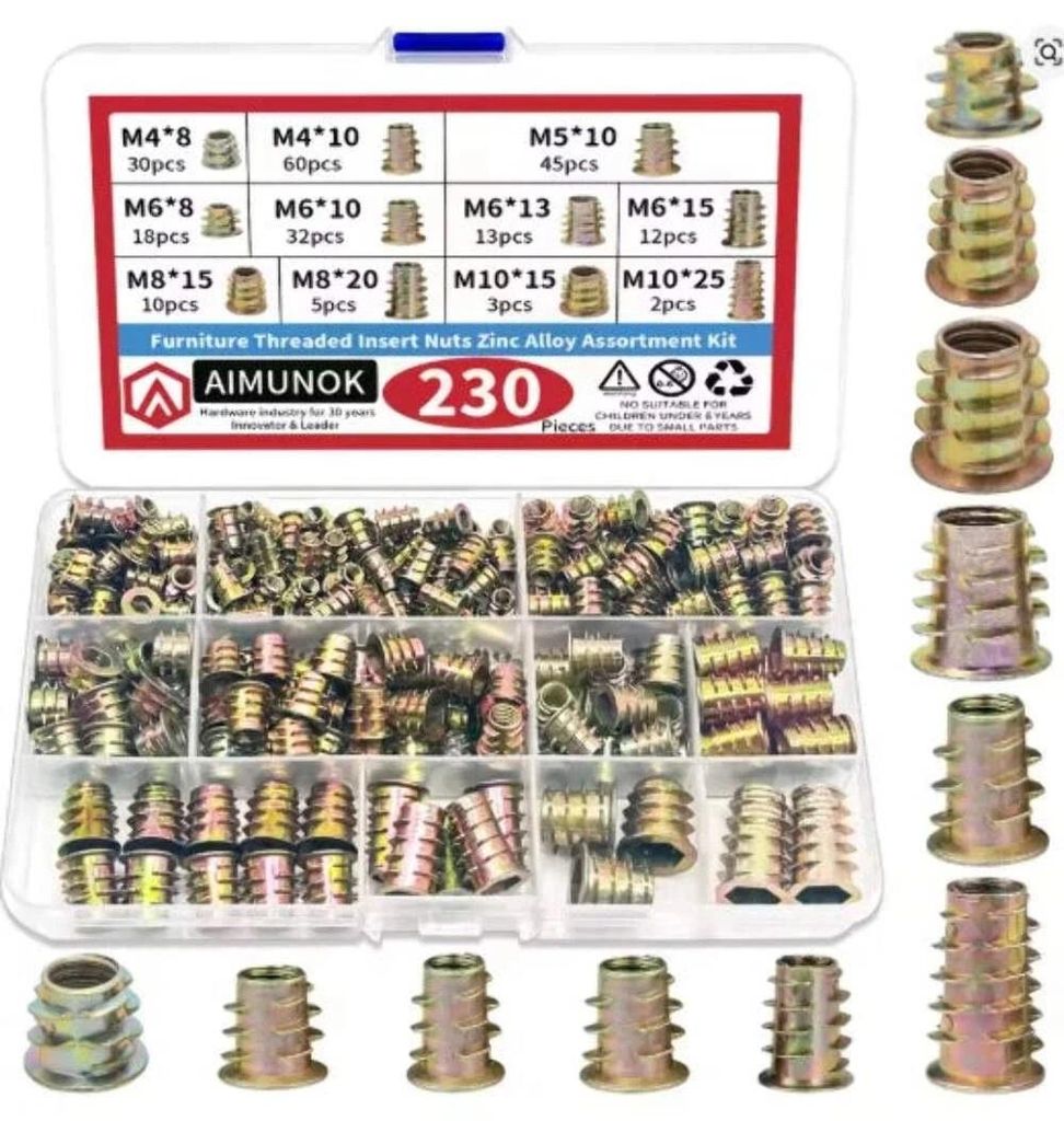 Einschraubmuffen Rampamuffen Set 230 tlg M4–M10 Einschraubmutter Eindrehmuffen Innensechskant Gewindemuffen für Holz Möbelbau