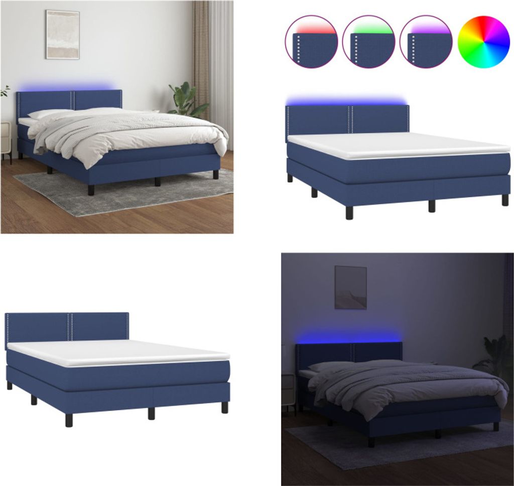vidaXL Boxspringbett mit Matratze & LED Blau 140x190 cm Stoff - Boxspringbett - Boxspringbetten - Bett - Schlafzimmermöbel