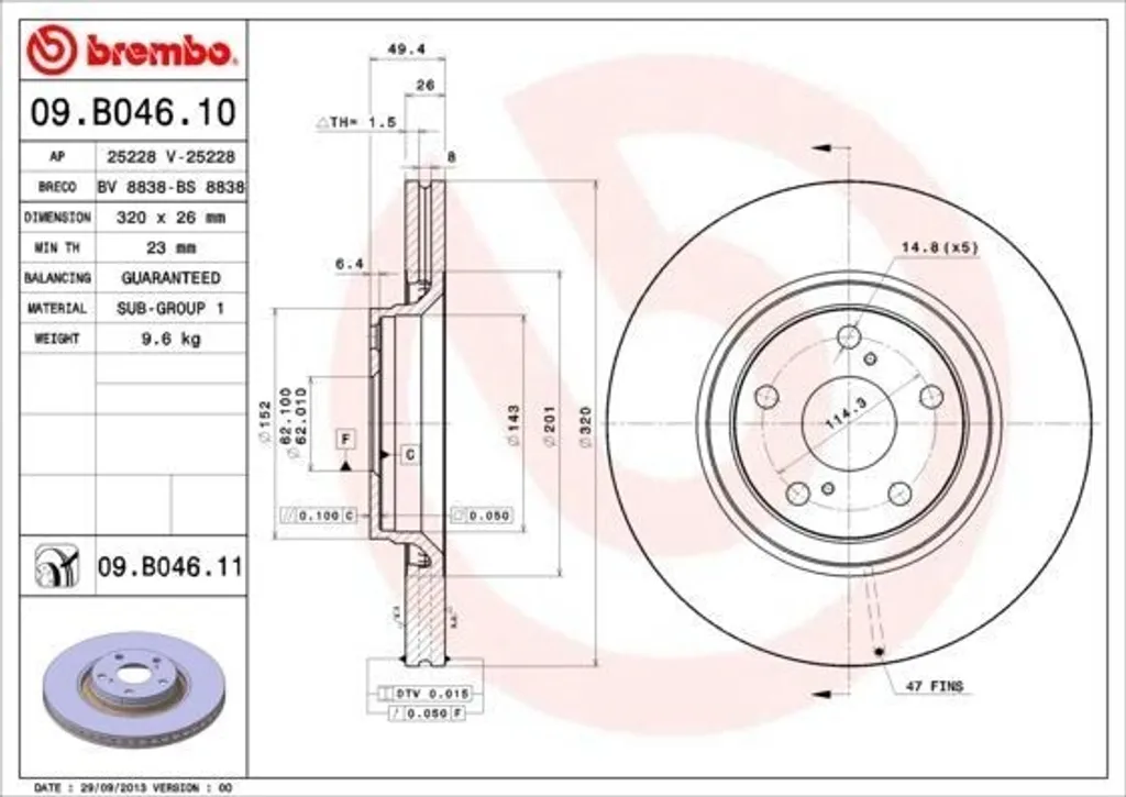 Brembo 09.B046.11 Disque de frein haute performance OE 4351205090