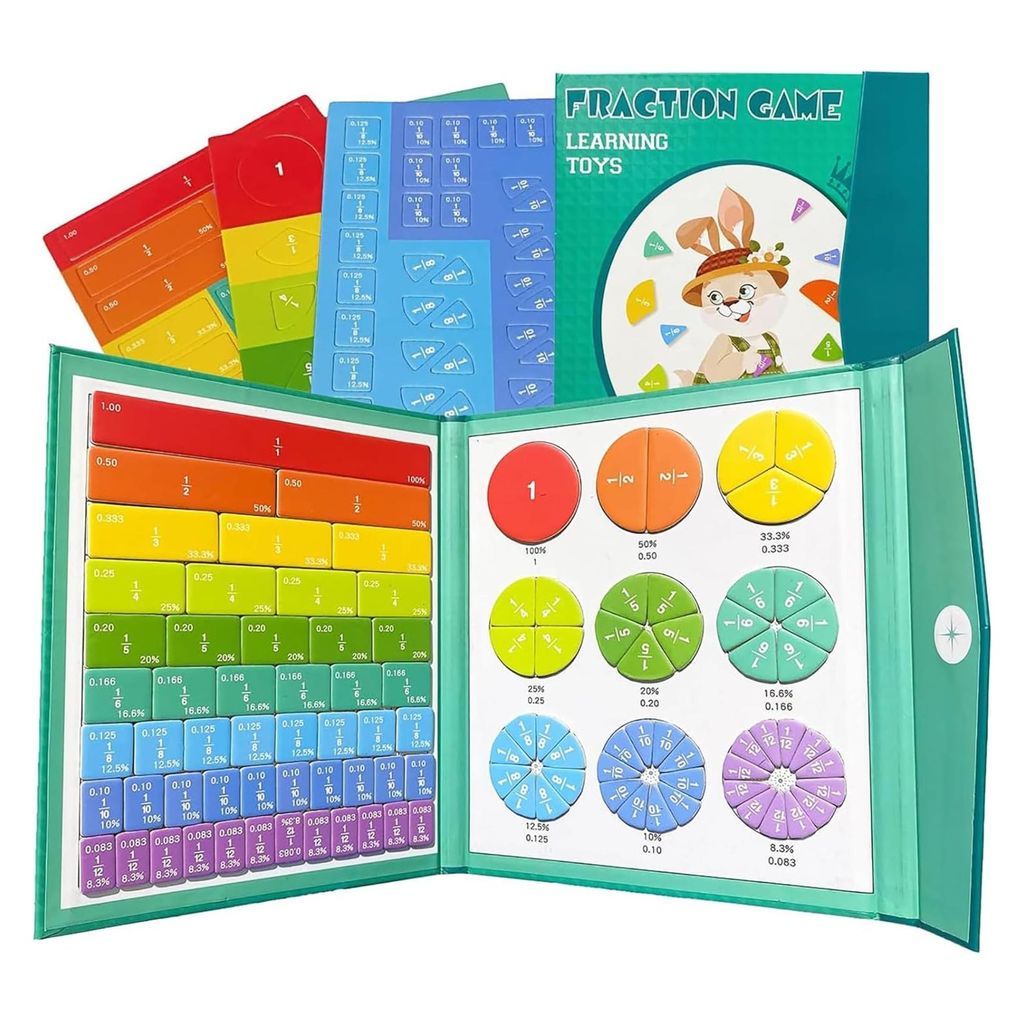 An open book-like case displaying a fraction learning game set with colorful fraction pieces and cards.