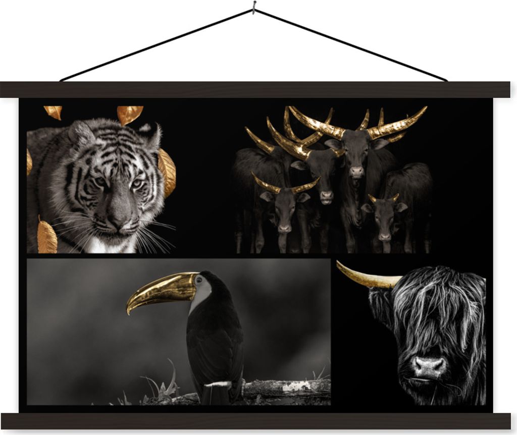 MuchoWow Textilposter Collage - Tiere - Blattgold 120x80 cm mit schwarzem Rahmen - Wanddeko