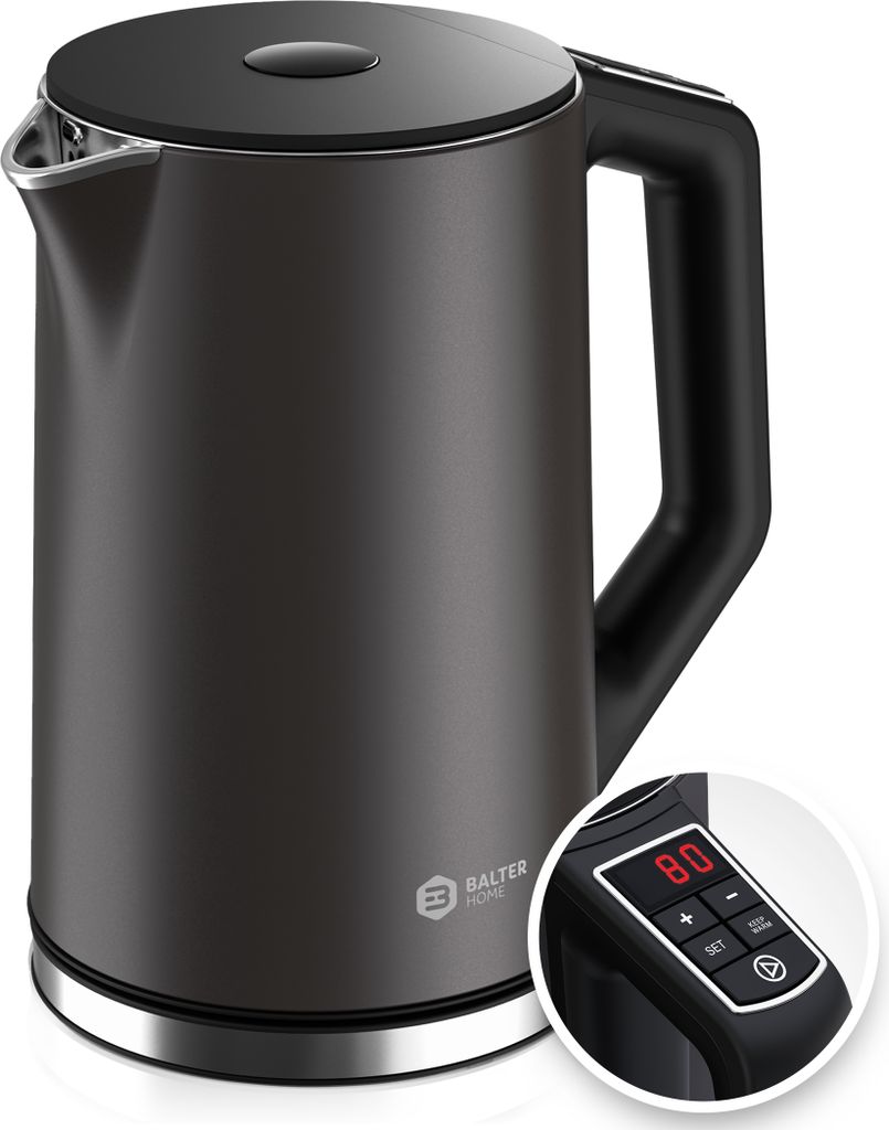 Balter Wasserkocher WK-12 Grau, Edelstahl, 1.5L mit Temperatureinstellung 40°C-100°C, 2200W Kettle, Doppelwand, BPA-frei, leise, kabellos
