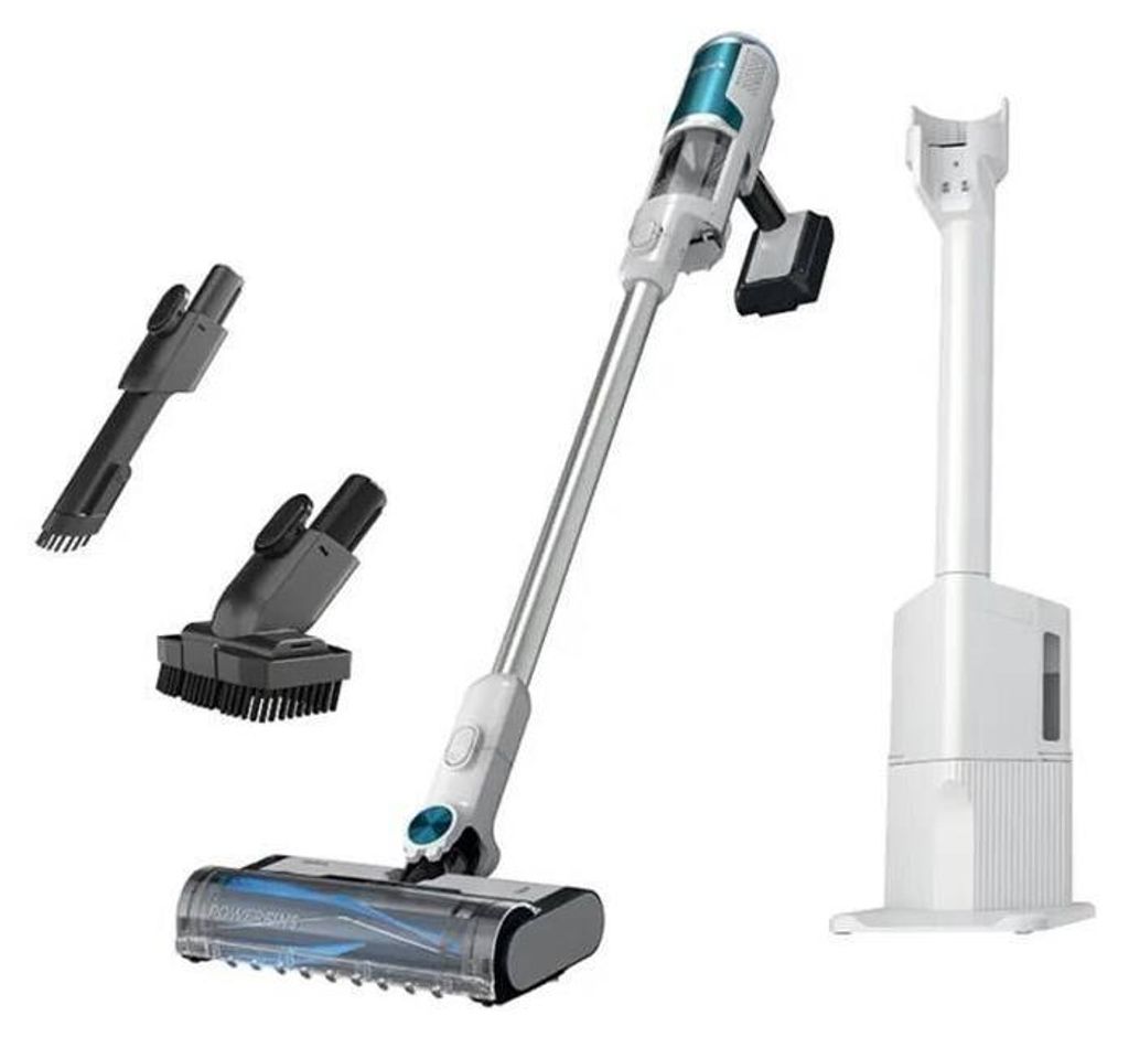 A cordless vacuum cleaner with its accessories and charging station are displayed against a white background.